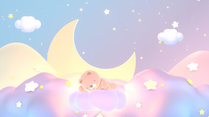 Cartoon baby animal dream. Cute bear sleeping on pastel clouds at night. 3d rendering picture.