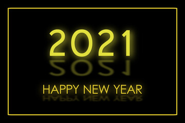 Neon glow greeting Card. Happy New Year 2021. Black and Gold. Minimalism.