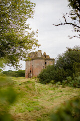 Fototapeta premium Trees and Bushes with the Ruins of the Caerlaverock Castle as Background