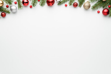 White christmas background with fir branches and decorations