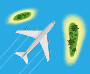  the plane flies over the ocean, sea and tropical islands with palm trees and exotic plants, vector graphics