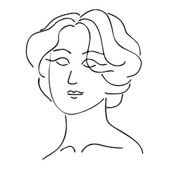 Short female hairstyle with curls. Woman's face and neck. Vector outlines illustration. 