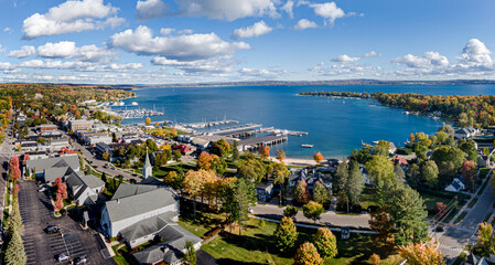 Aerial view of Harbor Springs, Michigan, on a sunny autumn day - Powered by Adobe