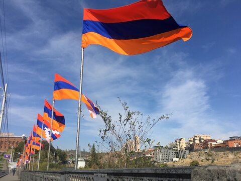 Armenia Yerevan, Victory bridge, 11 October 2020. National flags of Armenia and Artsakh Karabakh. flags on the sky