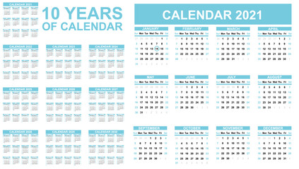 2021-2030 ten years of calendar simple blue second edition