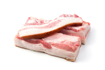 Raw bacon meat isolated on a white background. Butcher shop. The concept of fresh, natural products.