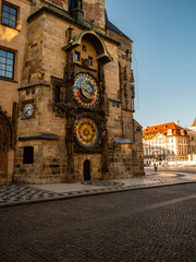 Empty Old Town Square with famous astronomical clock Orloj in Prague