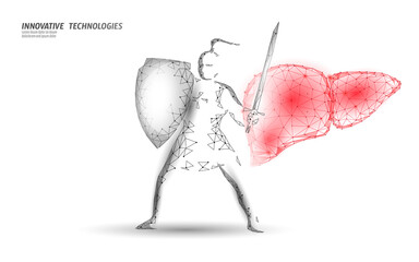 Low poly 3D human liver khight shield protect. Medicine recovery technology drug medicine concept. Vector illustration