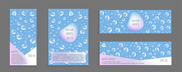 Fototapeta na wymiar Banners Set with Water Drops and text. Vector 3D realistic. transparent Bubbles on Blue modern background. rain, water, condensate oxygen or spray. Different shapes and sizes. Template for Advertising