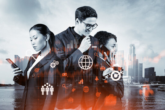 Group of business colleagues trying to find new tech approaches to solve problems at research and development department. Fintech hologram icons over Singapore background.