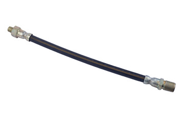 brake hose with a protective sheath for a truck, car accessories, auto parts, car brake system parts on a blue background close-up