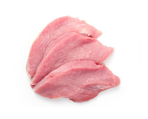 Meat without fat neatly cut into chunks on a white background. Butcher shop. The concept of fresh, natural products.