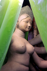 Kumartuli, Kolkata in West Bengal, India on 23rd August, 2019: Clay idol of Hindu Goddess Durga...