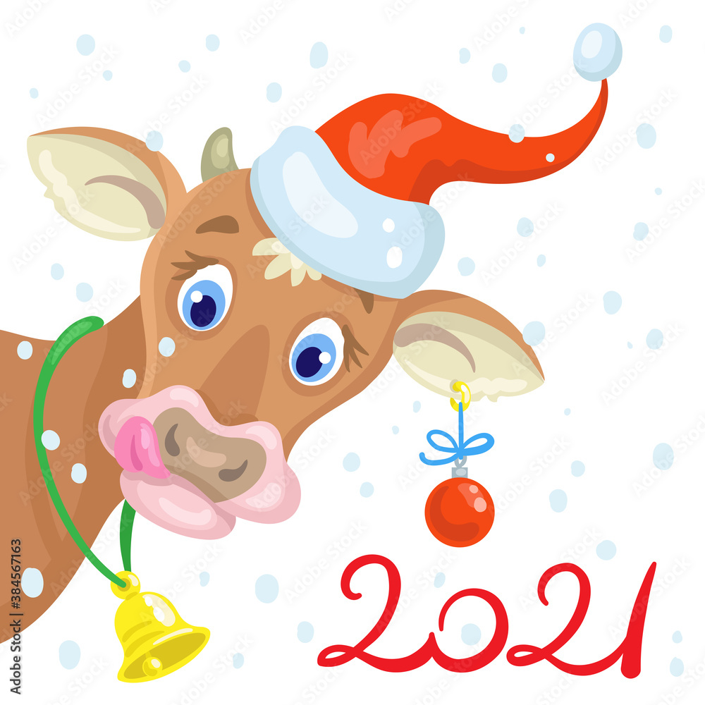 Canvas Prints Happy New Year! A funny little bull  in a santa hat. Greeting card for 2021. In cartoon style. Isolated on white background. Vector flat illustration.