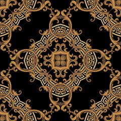 Baroque seamless pattern. Floral ornamental background. Repeat vector greek backdrop. Geometric golden old ornament with vintage Baroque style flowers, leaves, greek key, meanders. Luxury design