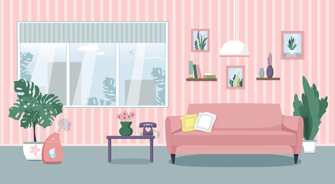 Vector illustration of the living room interior. Comfortable sofa, table, window, indoor plants, humidifier. Flat style.