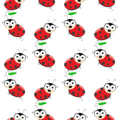 Ladybug Seamless Pattern. Summer cute background. textile print design on white background. funny ladybird beatle, cartoon character with big eyes.