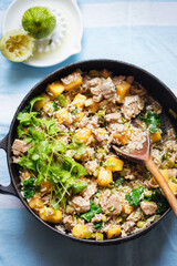 Pork spring onion, pineapple stir fry with coriander 