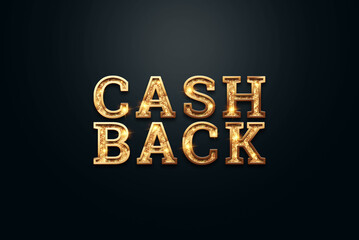 Inscription cashback in gold letters on a dark background. Online money transfer concept, digital payment, mobile transaction. 3D illustration, 3D render.