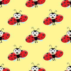 Ladybug Seamless Pattern on yellow background. Summer cute background. funny flying ladybird beatle, cartoon character with big eyes. textile print design, Wallpaper, packaging, decor.