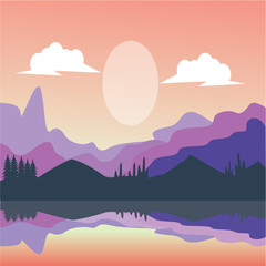 landscape illustration of mountains at morning time, colorful flat background design vector