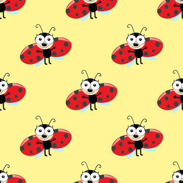 Ladybug Seamless Pattern on yellow background. Summer cute background. funny flying ladybird beatle, cartoon character with big eyes. textile print design, Wallpaper, packaging, decor.