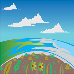 Fototapeta na wymiar colorful landscape illustration of mountains and sea, flat background plant, vector design