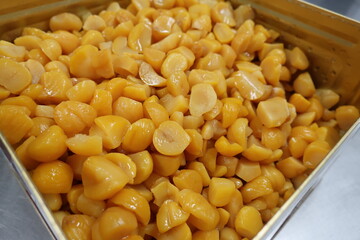 chinese food, peeled roasted chestnut on white background.