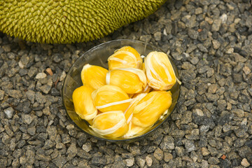 Jack fruit or Jackfruit a Tropical fruit Kerala India or Bali, Indonesia, Brazil . Fresh ripe Asian summer jack fruits flesh.