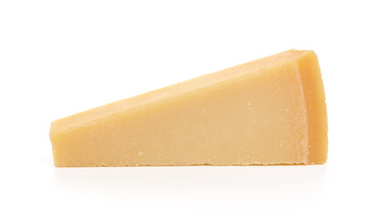 Wedge of italian hard cheese Grana Padano or Parmesan isolated on white background. Delicious ingredient for pizza, sandwiches, salads.