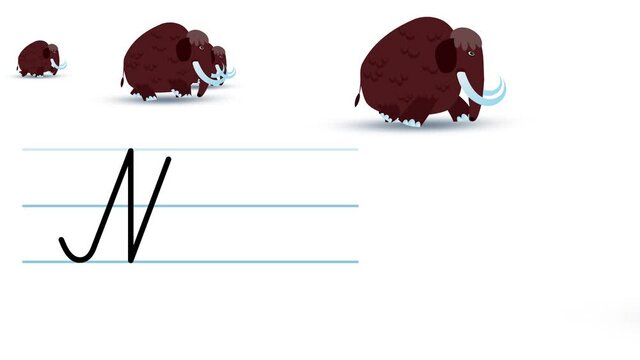 M letter writing like mammoth cartoon animation. Handwriting educational style for children. Good for education movies, presentation, learning alphabet, etc...