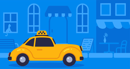 Concept online taxi using luxury retro car goes on street blue background vector illustration  © garikprost