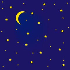 Obraz na płótnie Canvas Night sky stars and moon, starry sky, night, new moon with bright stars in the sky, children's print, vector pattern in blue