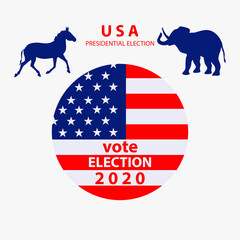 American round flag icon, symbols elephant, donkey - isolated on white background - vector.