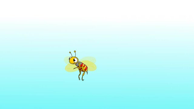 Flying bee animation. Animatic, cartoon character bee. Curved route. Flapping wing honey bee flying in line. 2d draw animation