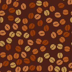 Coffee beans seamless pattern. Seeds of coffee randomly placed on  background. Wrapping repeating texture. Vector design illustration. High quality print for your menu, bar, cafe, restaurant.