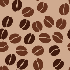 Coffee beans seamless pattern. Seeds of coffee randomly placed on  background. Wrapping repeating texture. Vector design illustration. High quality print for your menu, bar, cafe, restaurant.