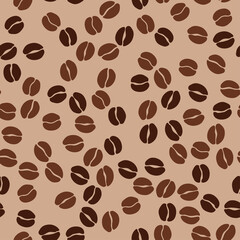 Coffee beans seamless pattern. Seeds of coffee randomly placed on beige background. Wrapping repeating texture. Vector design illustration. High quality print for your menu, bar, cafe, restaurant.