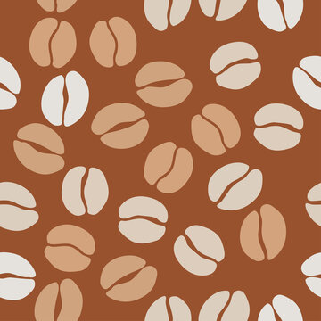 Coffee beans seamless pattern. Seeds of coffee randomly placed on brown background. Wrapping repeating texture. Vector design illustration. High quality print for your menu, bar, cafe, restaurant.