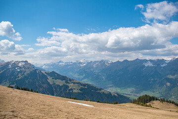 Beautiful swiss alps mountains. Alpine meadows.  