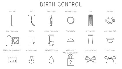 Birth Control Implant, IUD, Shot, Ring, Patch, Pill, Condom, Internal Condom, Diaphragm, Sponge, Cervical Cap, Spermicide, Fertility Awareness, Withdrawal (Pull Out Method), Sterilization, Vasectomy