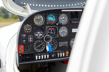 flight instruments of a small airplain in close up