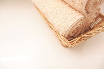 Fresh and clean fluffy towels on table in bathroom, 洗面台に清潔なタオル	