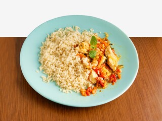 rice and meat with vegetables as tasty lunch meal 