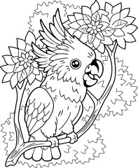 cute cartoon cockatoo parrot, coloring book, funny illustration