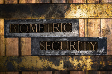 Biometric Security text message on textured grunge copper and vintage gold background