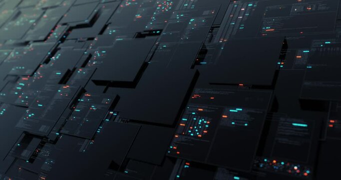 Motion graphic of digital interface of data analysis process. User Interface, Digital screen, HUD and datacenter laboratory research display. 3D render, 4K seamless loop
