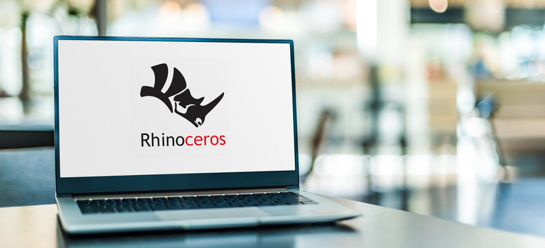 Laptop computer displaying logo of Rhinoceros