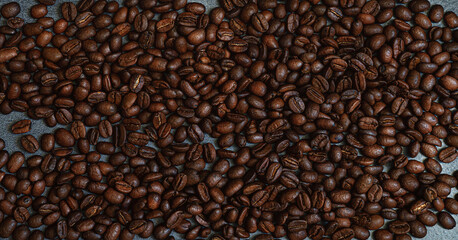 Naturale roasted  coffe beans.Top view.