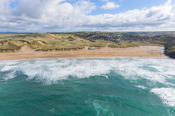 Aerial photograph of Holywell Beach nr Newquay, Cornwall, England.